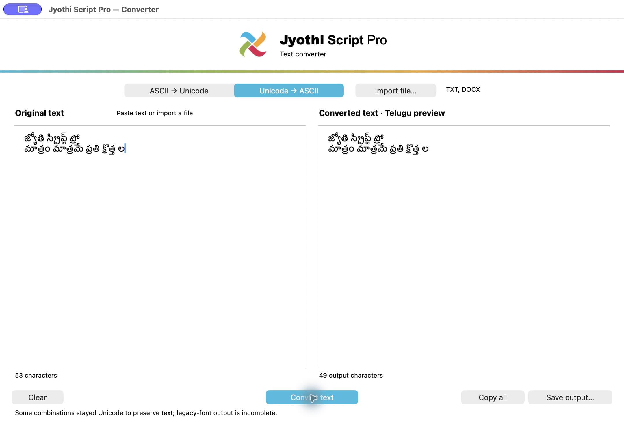 Jyothi Script Pro native converter showing original Telugu text, converted preview and a warning about combinations preserved in Unicode